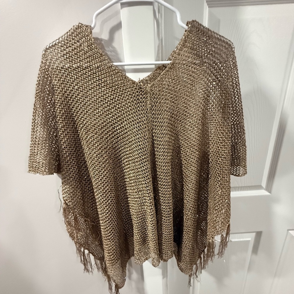 Metallic Gold Open Knit Fringe Poncho Sweater - Picture 2 of 4